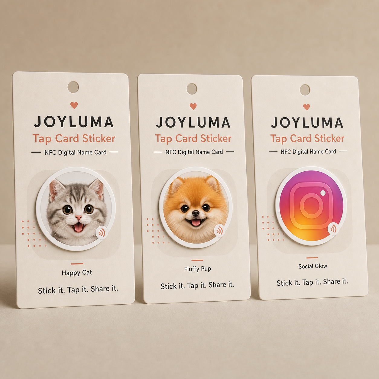 Joyluma Happy Cat, Fluffy Pup, and Social Glow packaging